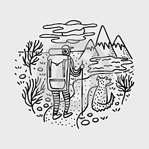 Backpacking hiking man with a dog doodle vector illustration