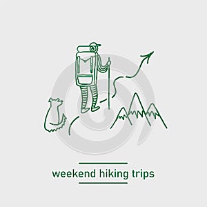 Backpacking hiking man with a dog doodle vector illustration