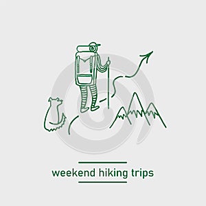 Backpacking hiking man with a dog doodle vector illustration photo