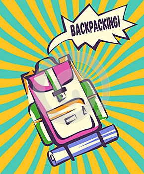 Backpacking retro illustration. Backpack with comic speech explosion and vintage colorful rays in modern pop art style. Vector