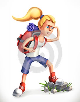 Backpacking tourist. Girl with backpack, vector icon