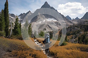 backpacking trip through the wilderness with grand view of towering mountain peaks in the background