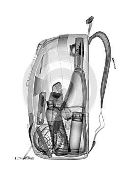 Backpacking under xray on security control. 3D illustration.