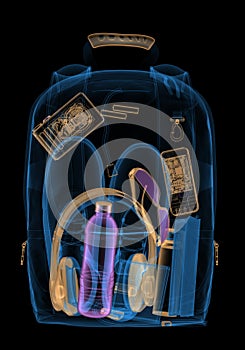 Backpacking under xray on security control. 3D illustration.