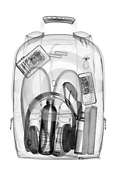 Backpacking under xray on security control. 3D illustration.