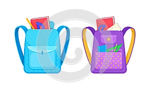 Backpacks full of stationery objects set. School bags with book, ruler, notebook. Back to school concept vector