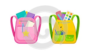 Backpacks full of stationery objects set. School bags with paints, scissors, pencil case, notebooks. Back to school