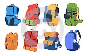 Backpacks for traveling in cartoon style. Equipment for hiking. Recreation. An equipped backpack for hiking in the
