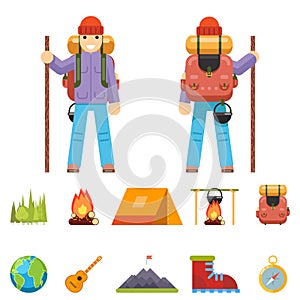 Backpaker Character Mountain Travel Trip Vacation Man Wood Summer Spring Concept Flat Design Isolated Icon Set Vector