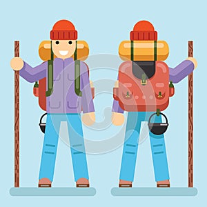 Backpaker Character Mountain Travel Trip Vacation Man Wood Summer Spring Concept Flat Design Isolated Icon Set Vector photo
