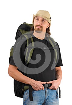 Backpaker over white background photo