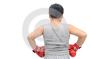 Backside of fat boy wearing red boxing gloves i