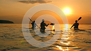 Backside view of rowers paddling at sunset