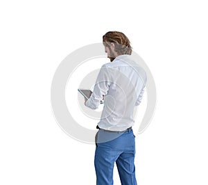 Backside of western businessman using a tablet isolated on white