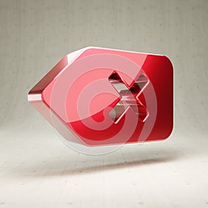 Backspace icon. Red glossy metallic Backspace symbol isolated on white concrete background.