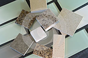 Backsplash tiles and quartz countertop samples