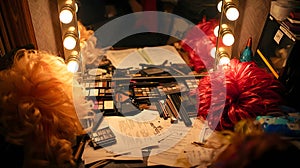 Backstage Dressing Table With Makeup Palettes And Colorful Wigs
