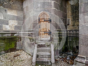 Backstair entrance with gothic oak door on the medieval  Black Church.