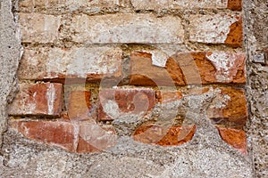 Old brick wall with broken motar