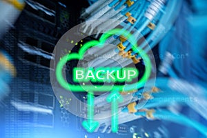 Backup button on modern server room background. Data loss prevention. System recovery