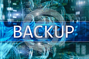 Backup button on modern server room background. Data loss prevention. System recovery