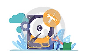 Backup, Data Recovery and Protection Service, Hardware Repair Concept. Tiny Worker Fixing Huge Broken Computer Hard Disk
