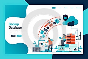 Backup database landing page design. secure personal data with internet backup services to cloud and server. data center and netwo