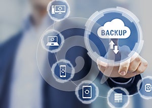 Backup files and data on internet with cloud storage technology that sync all online devices and computers with network connection