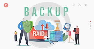 Backup Landing Page Template. Characters in Data Center around Laptop with RAID, Redundant Array of Independent Disks