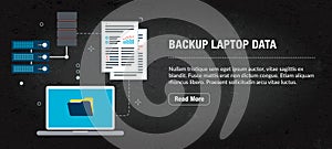 Backup laptop data, banner internet with icons in vector