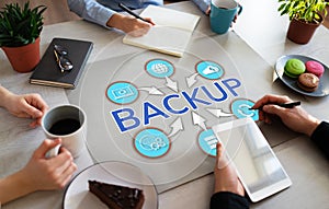 Backup user data security recovery internet technology concept on office desktop. photo