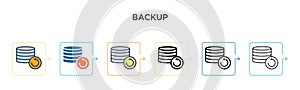 Backup vector icon in 6 different modern styles. Black, two colored backup icons designed in filled, outline, line and stroke