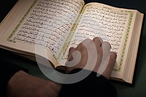 Backview of a muslim man reading holy al Quran in mosque-Russia, Ulyanovsk: