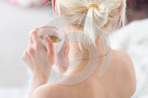 Backview woman hold coffee tender sensual portrait