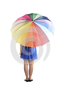 Backview Of Woman Holding Colorful Umbrella