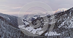 Backward aerial to snowy valley with woods forest at Sella pass.Sunset or sunrise,cloudy sky.Winter Dolomites Italian