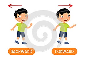 Backward and forward antonyms word, opposites concept. Flashcard for English language learning.