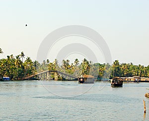 Backwater Canals with a Bridge and Houseboats, Kerala, India