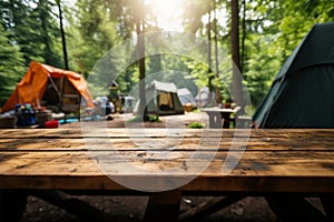 Backwoods serenity Wooden table near blurred forest tents and camping