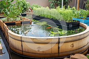 backyard with aquaponics and hydroponic system, fish swimming in water tank