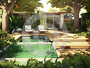 The backyard area of the house is spacious and equipped with a small swimming pool