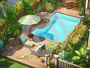 The backyard area of the house is spacious and equipped with a small swimming pool