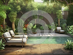 The backyard area of the house is spacious and equipped with a small swimming pool