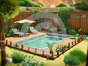 The backyard area of the house is spacious and equipped with a small swimming pool