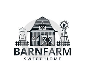 backyard barn farm house storage hangar with fence windmill and water torrent tower vector logo design