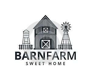 backyard barn farm house storage hangar with fence windmill and water torrent tower vector logo design