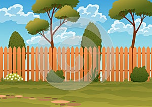 Backyard bbq grill. Outdoor patio background with fence. Summer landscape of yard. Vector cartoon illustration