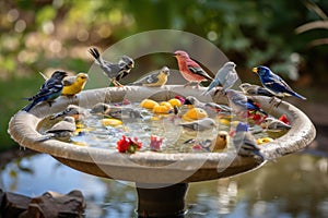 a backyard bird bath and feeder, with a variety of birds flocking in for a meal