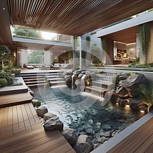 A backyard with a built in water feature that serves as a natu