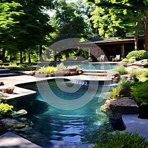 a backyard with a built in water feature that serves as a natu photo